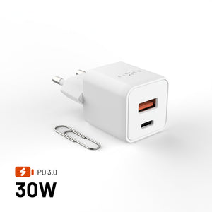 Mini-GaN-Netzladegerät mit festem Chip, USB-C- und USB-Ausgang sowie PD-Unterstützung, 30 W, weiß