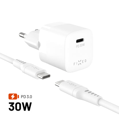 Set síťové GaN nabíječky FIXED Mini s USB-C výstupem a USB-C/USB-C kabelu, podpora PD, 1,2 metr, 30W, bílý