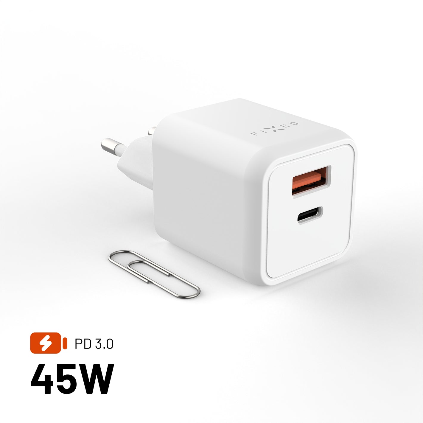 Mini-GaN-Netzladegerät mit festem Ausgang, USB-C- und USB-Anschluss sowie PD-Unterstützung, 45 W, weiß