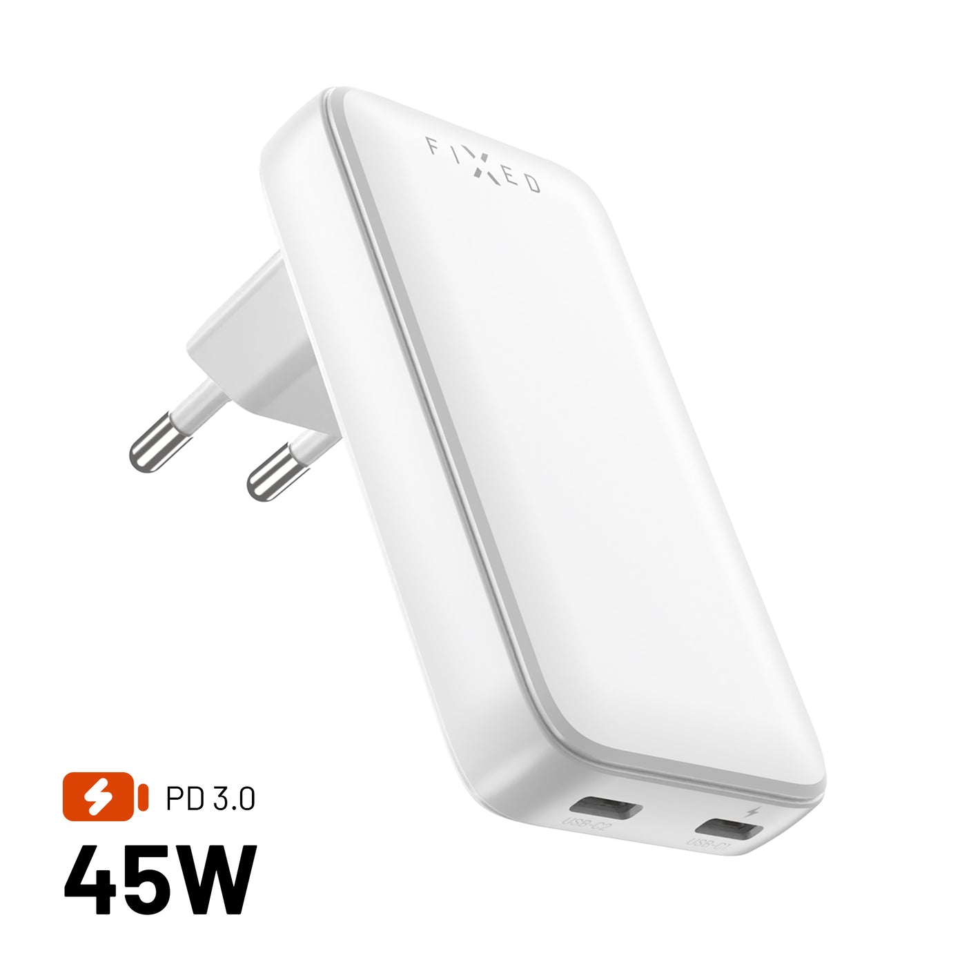 Sieťová GaN nabíjačka FIXED Slim s 2x USB-C výstupom a podporou PD, 45W, biela