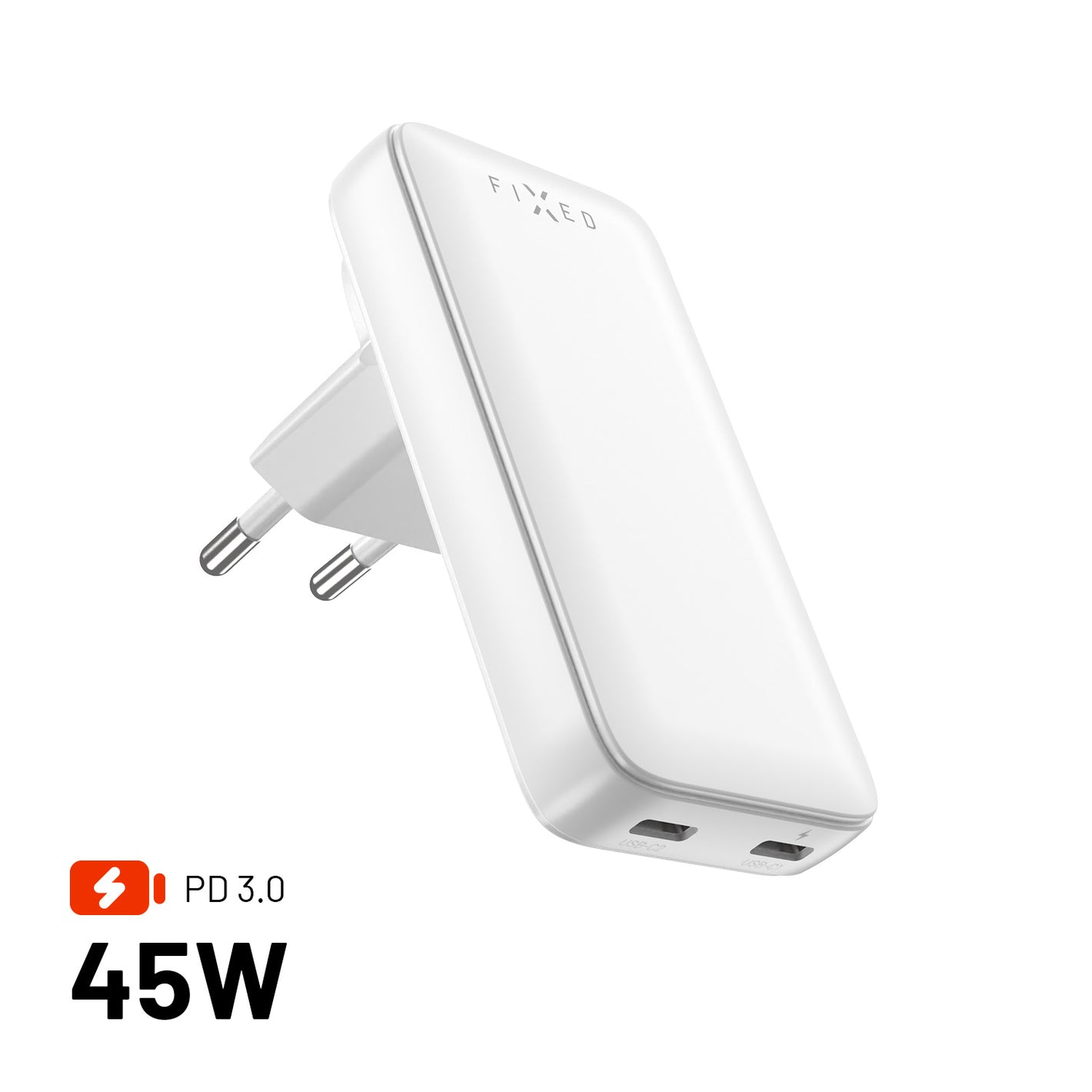Síťová GaN nabíječka FIXED Slim Traveller s 2x USB-C výstupem s vyměnitelnými adaptéry, 45W, bílá