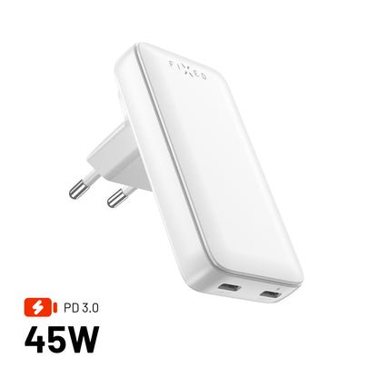Síťová GaN nabíječka FIXED Slim Traveller s 2x USB-C výstupem s vyměnitelnými adaptéry, 45W, bílá