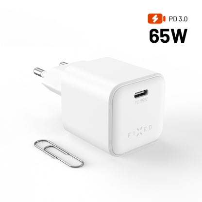 Síťová GaN nabíječka FIXED Mini s USB-C výstupem a podporou PD, 65W, bílá