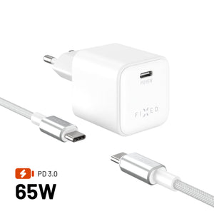 Set aus fest installierten GaN-Netzwerkladegeräten (Mini) mit USB-C-Ausgang und USB-C/USB-C-Kabel, PD-Unterstützung, 2 Meter, 65 W, weiß