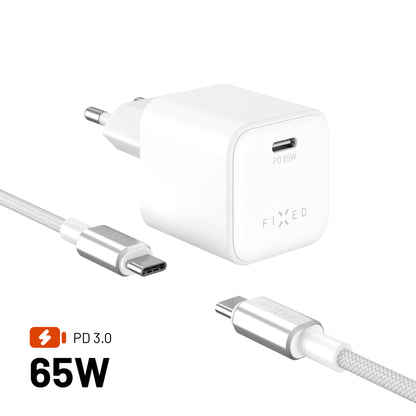 Zestaw ładowarek sieciowych GaN FIXED Mini z wyjściem USB-C i kablem USB-C/USB-C, obsługa PD, 2 metry, 65 W, kolor biały