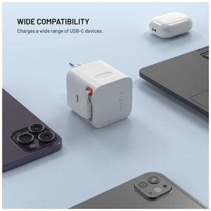 Síťová GaN nabíječka FIXED s 2xUSB-C, podpora PD 3.0, se samonavíjecím kabelem, 65W, bílá - FIXED