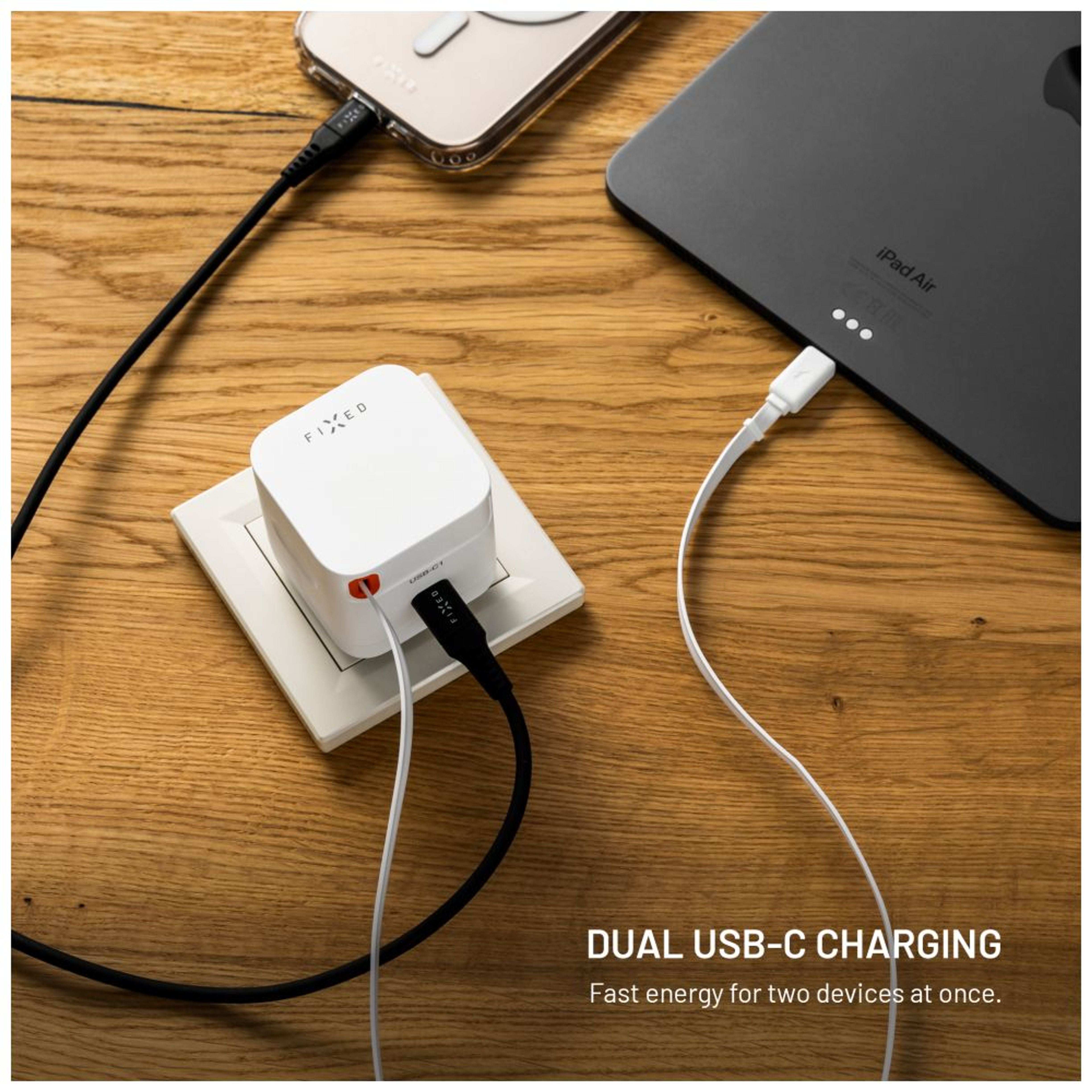 FIXED 2xUSB-C charger with retractable cable, GaN, PD support, 65W