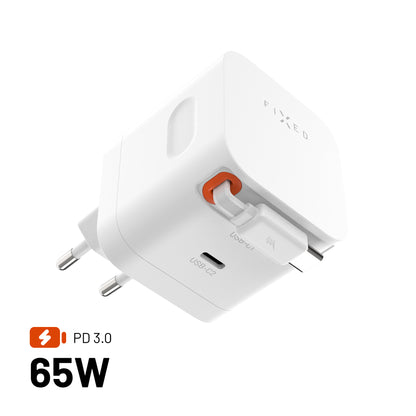 Síťová GaN nabíječka FIXED s 2xUSB-C, podpora PD 3.0, se samonavíjecím kabelem, 65W, bílá