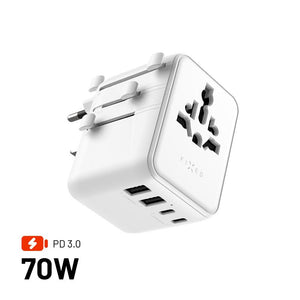 Cestovní adaptér FIXED Voyager 70W pro EU, UK a USA/AUS, s 3xUSB-C a 2xUSB výstupem, GaN, PD 70W, bílý