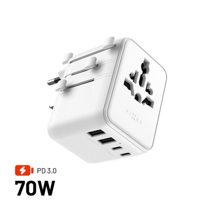 Cestovní adaptér FIXED Voyager 70W pro EU, UK a USA/AUS, s 3xUSB-C a 2xUSB výstupem, GaN, PD 70W, bílý