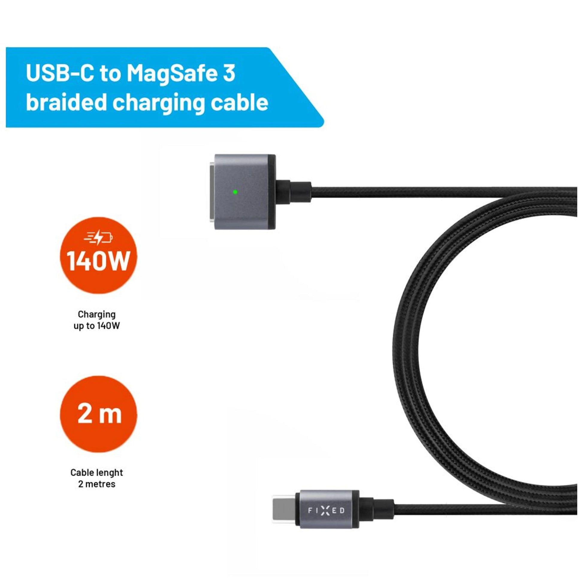FIXED Braided Cable USB-C/MagSafe 3, 2m, 140W, gray - Main Image