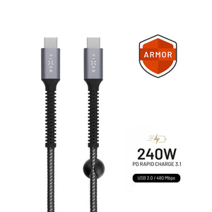 Dlouhý nabíjecí a datový odolný kabel FIXED Armor s konektory USB-C/USB-C a podporou PD, 2m, USB 2.0, 240W, šedý
