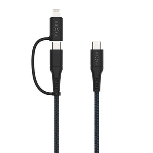 Nabíjecí a datový opletený kabel FIXED s konektory USB-C/USB-C a Lightning adaptérem, PD, 1.2m, MFi, PD 60W, šedý