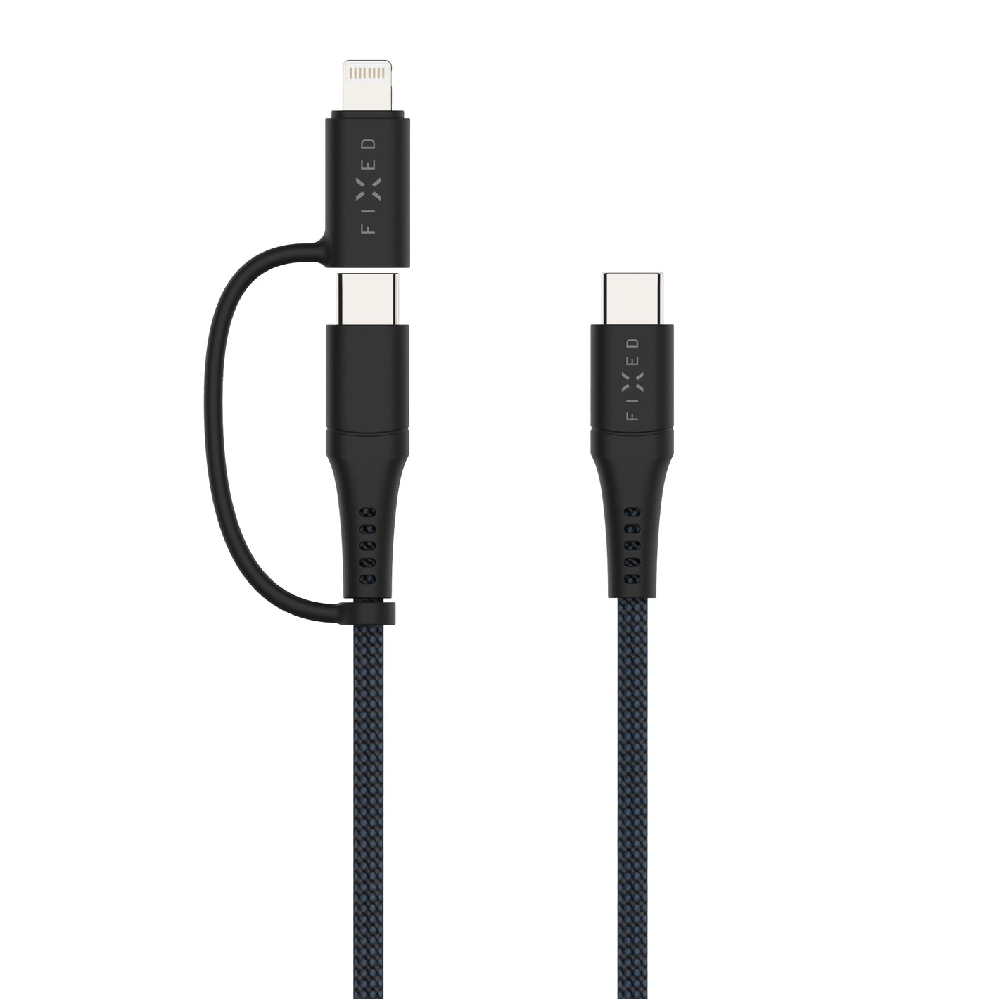 FIXED Braided Cable USB-C/USB-C, Lightning Adapter, 2m, MFi, PD 60W, gray