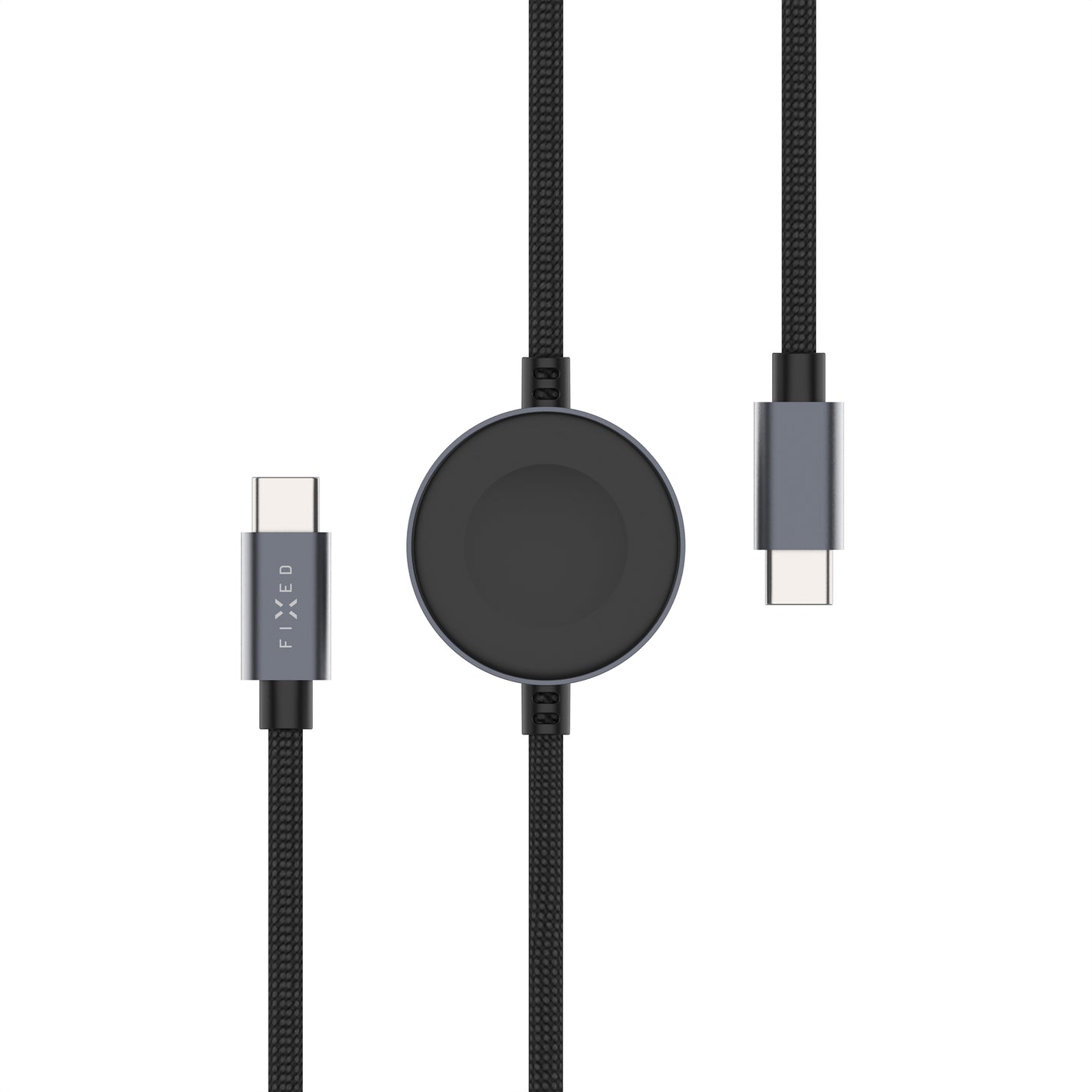 Opletený kábel FIXED Power Watch Cable s konektormi USB-C/USB-C a Apple/Samsung Watch nabíjačkou, 1.5m, PD 60W, sivý