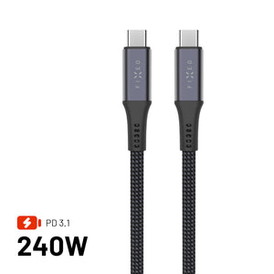 Dlouhý nabíjecí a datový opletený kabel FIXED s konektory USB-C/USB-C, PD 3.1, 2 m, USB4gen2 20Gbps, 4K60Hz, 240W, šedý