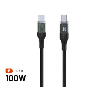 Nabíjecí a datový kabel FIXED s displejem s konektory USB-C/USB-C a podporou PD, 1.2m, USB 2.0, 100W, černý