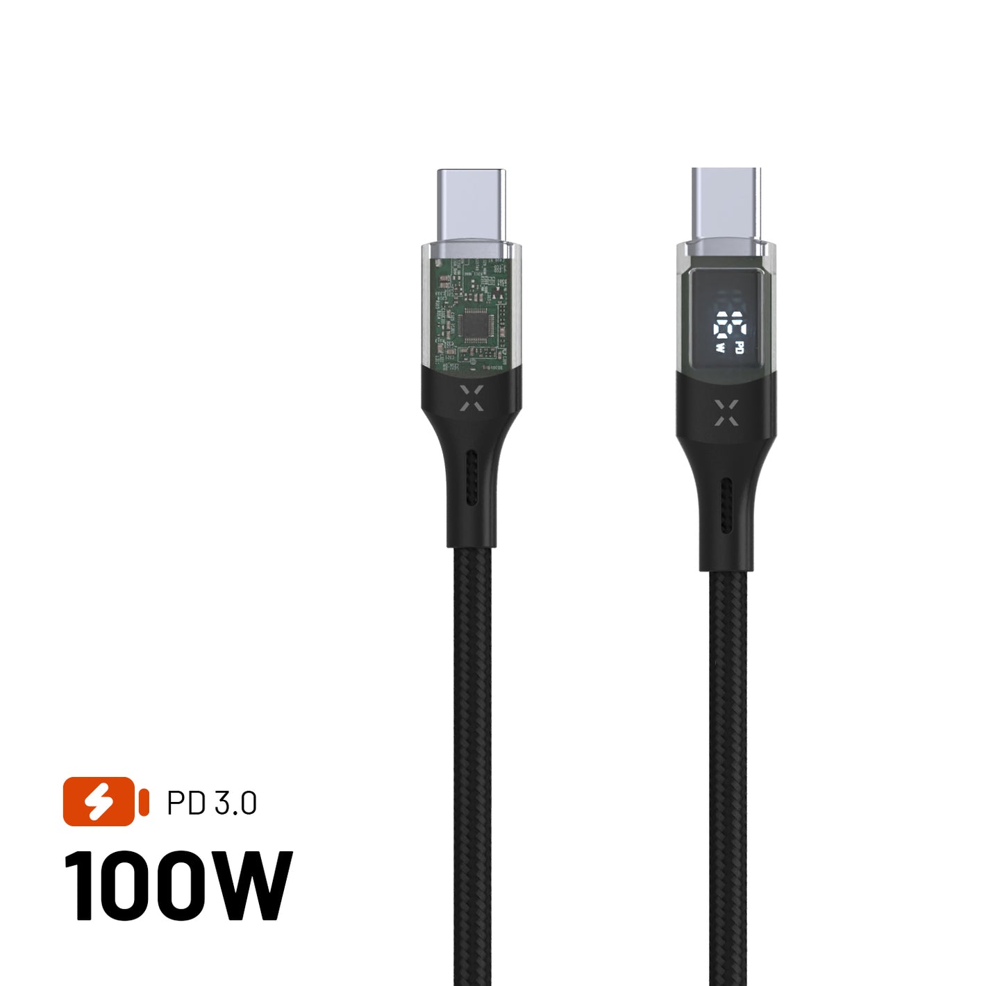 Nabíjecí a datový kabel FIXED s displejem s konektory USB-C/USB-C a podporou PD, 2m, USB 2.0, 100W, černý