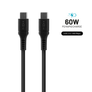 Nabíjací a dátový Liquid silicone kábel FIXED s konektormi USB-C/USB-C a podporou PD, 1.2m, USB 2.0, 60W, čierny