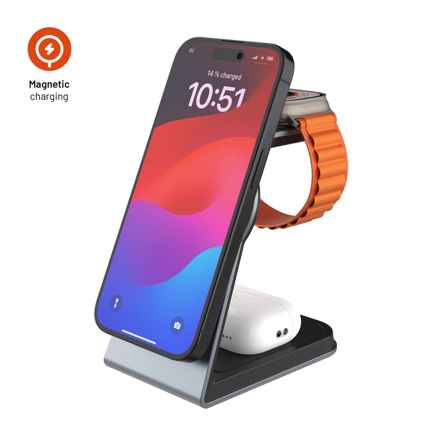 Stojanček s bezdrôtovým nabíjaním 3v1 FIXED MagPowerstation Alu s podporou MagSafe, 15W+3.5W+2.5W, space gray