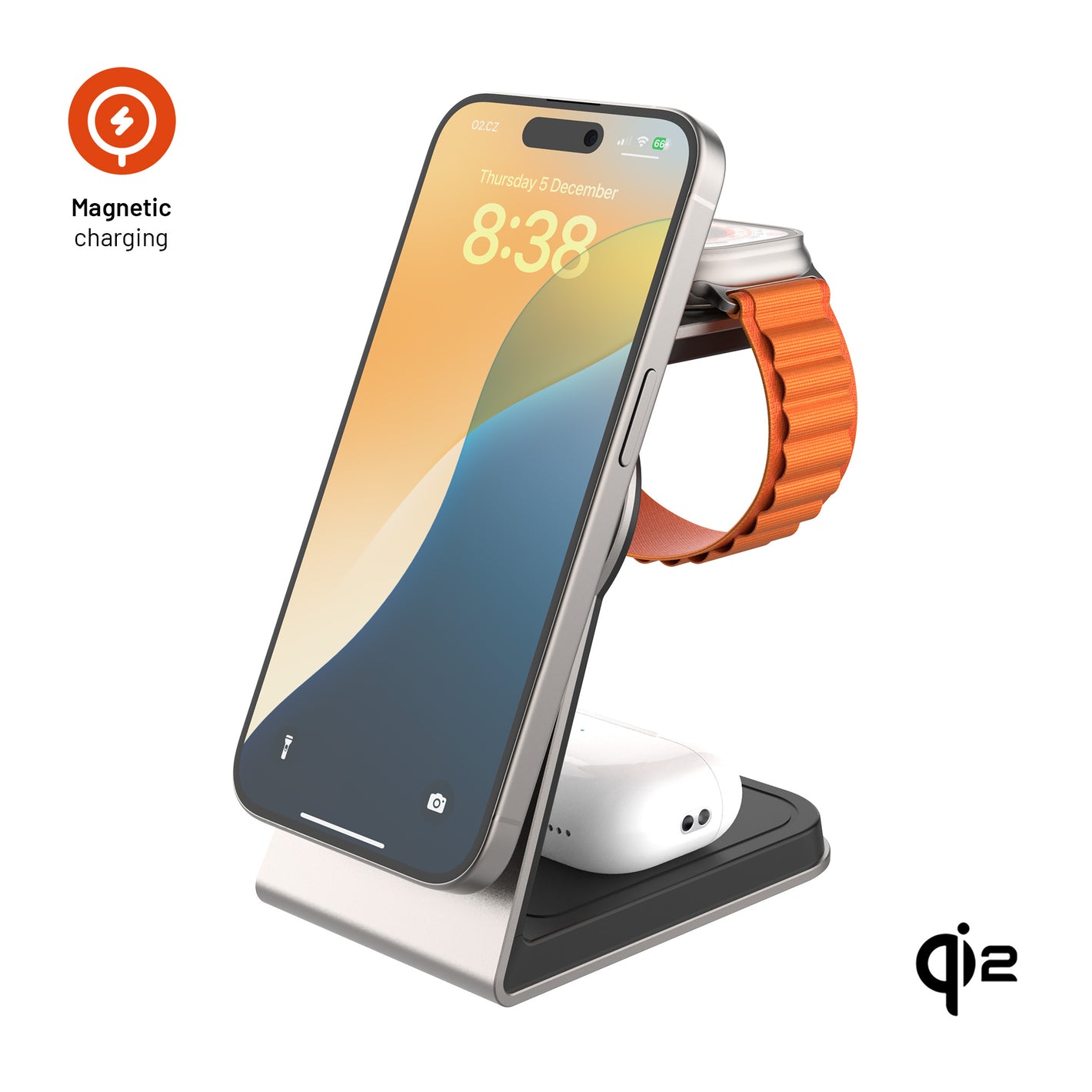 Stojánek s bezdrátovým nabíjením 3v1 FIXED MagPowerstation Alu 2 s podporou MagSafe, 15W+3.5W+2.5W, Qi2, titanový