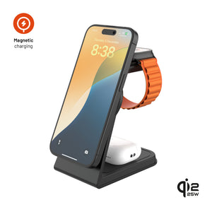 FIXED MagPowerstation Alu 3 3-in-1 kabellose Ladestation mit MagSafe-Unterstützung, 25 W + 5 W + 3,5 W, Qi 2.2, Schwarz