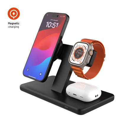 Stojánek s bezdrátovým nabíjením 3v1 FIXED MagPowerstation s podporou MagSafe, 15W+15W+5W, černý