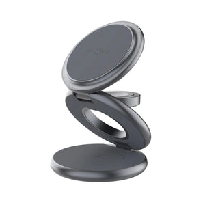 Bezdrátová skládací nabíječka 3v1 FIXED MagPowerstation Round s podporou MagSafe, 15W+5W+5W, šedá - FIXED