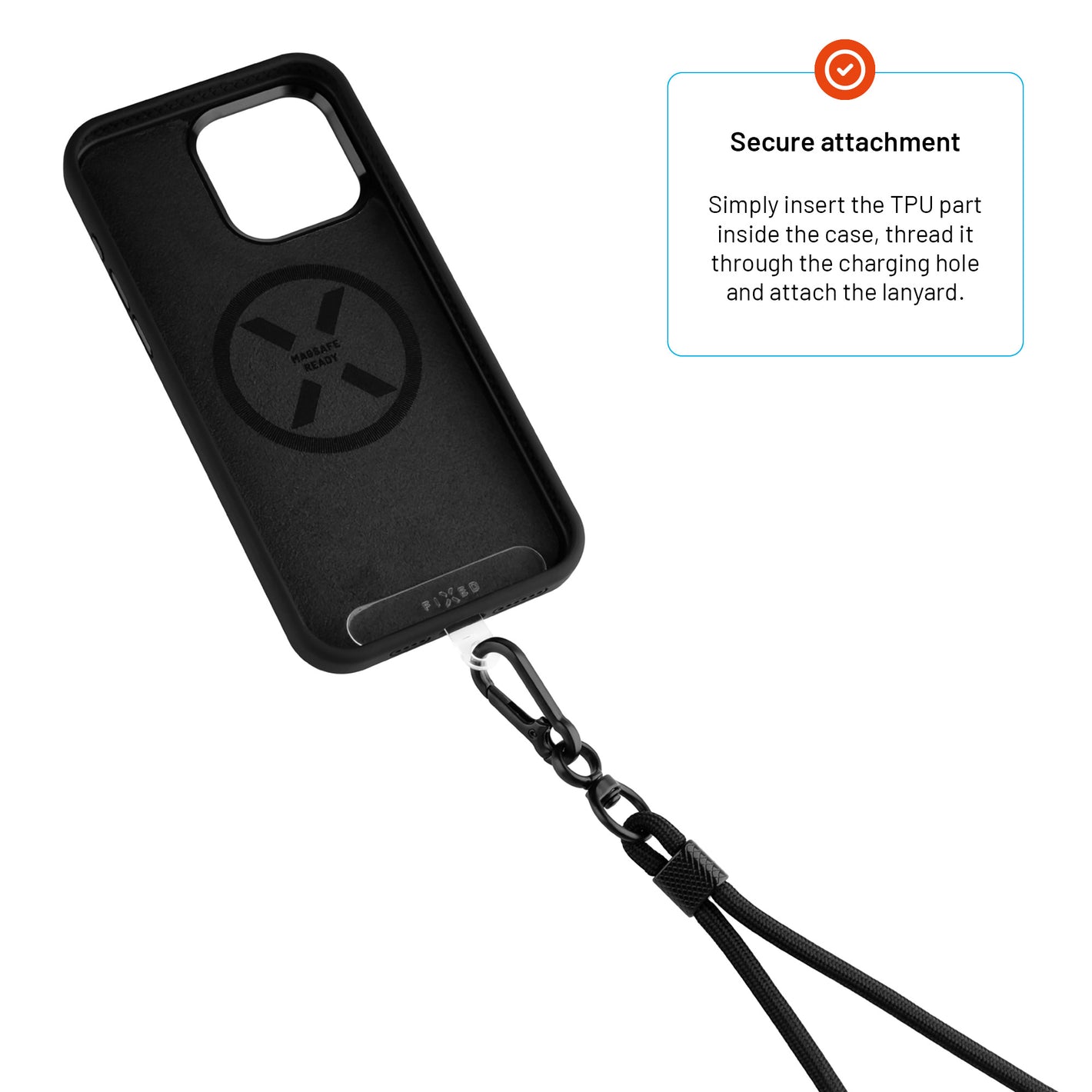 Univerzální šňůrka FIXED NeckUni pro telefony se zadním krytem, černá