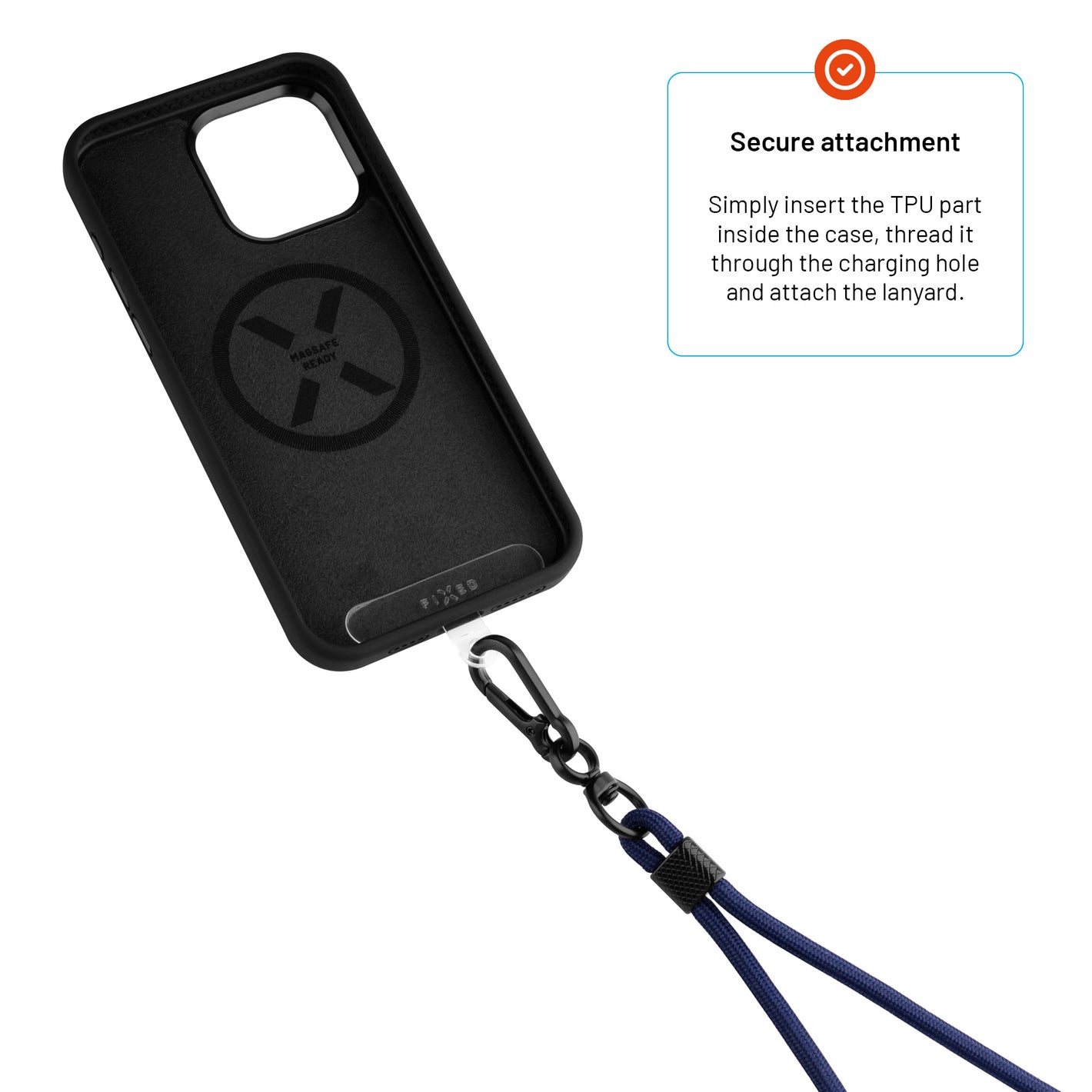 Univerzální šňůrka FIXED NeckUni pro telefony se zadním krytem, modrá