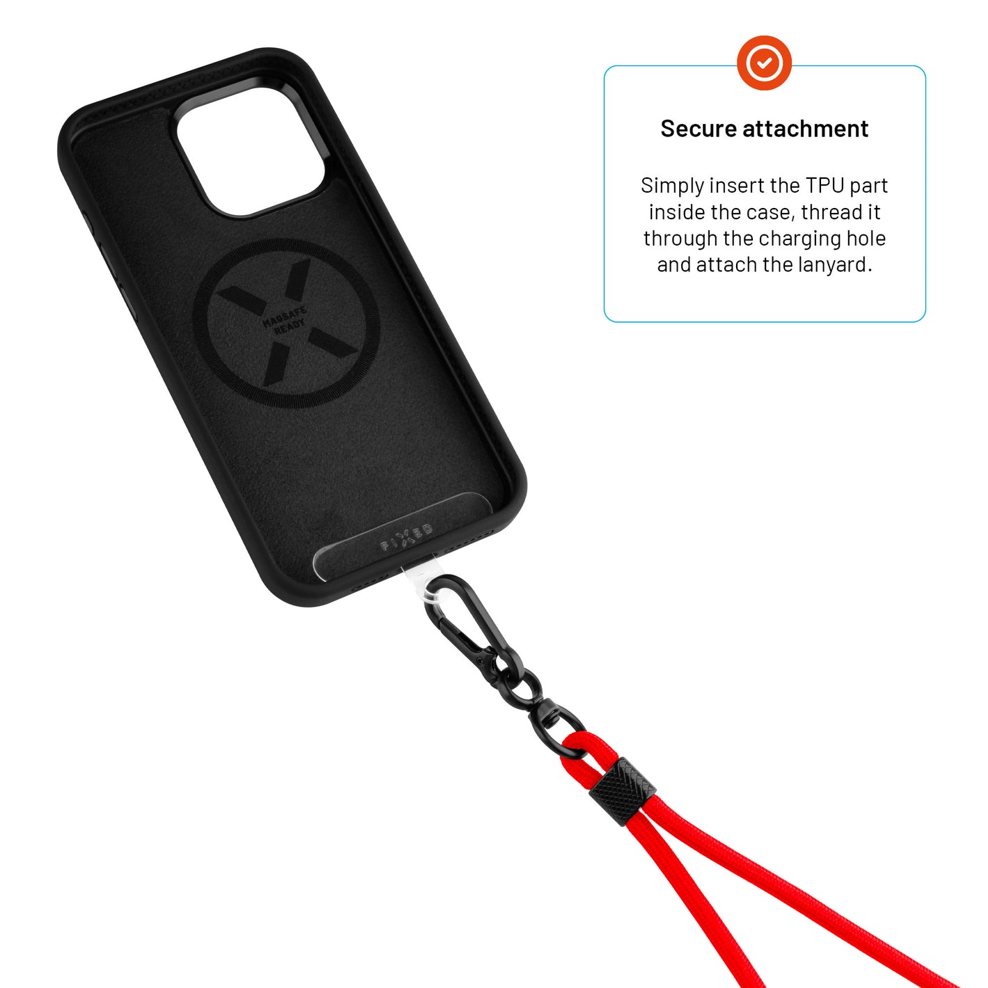 Univerzální šňůrka FIXED NeckUni pro telefony se zadním krytem, červená