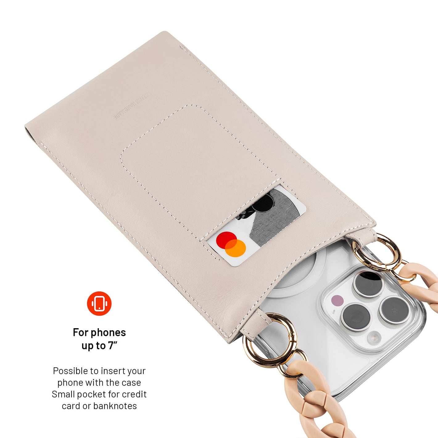 Kožená taštička přes rameno s kapsou FIXED Venezia pro 7" mobilní telefony s béžovým řetízkem, krémová