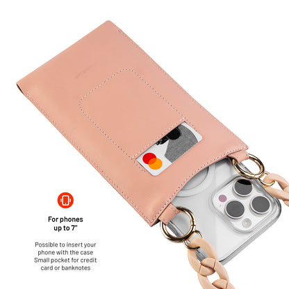 Kožená taštička cez rameno s vreckom FIXED Venezia pre 7" mobilné telefóny s béžovou retiazkou, púdrovo ružová