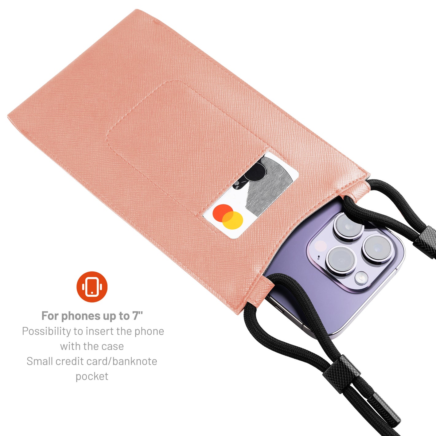 Taštička přes rameno s kapsou FIXED Verona s černou šňůrkou pro mobilní telefony do 7", broskvová