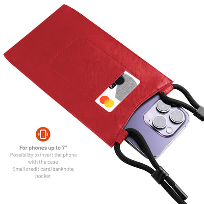 Taštička přes rameno s kapsou FIXED Verona s černou šňůrkou pro mobilní telefony do 7", červená