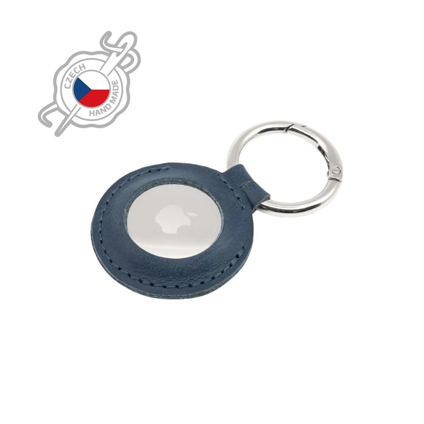 Pouzdro FIXED Case for AirTag z pravé hovězí kůže s karabinou, modré - FIXED