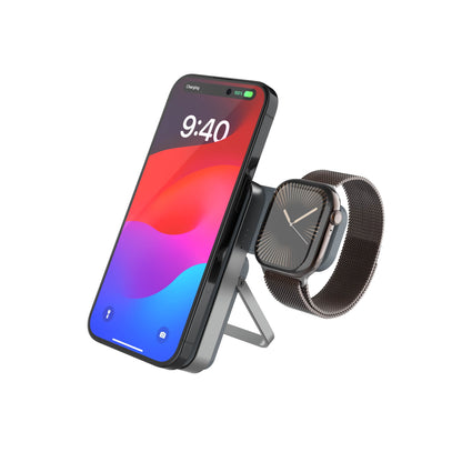 Powerbanka se stojánkem FIXED MagZen 5 Stand s integrovanou Apple Watch nabíječkou a podporou MagSafe, 5 000 mAh, šedá