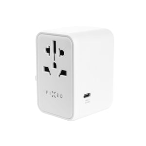 Cestovní adaptér FIXED pro EU, UK a USA/AUS, s 3xUSB-C a 2xUSB výstupem, GaN, PD 65W, bílý,rozbaleno - FIXED